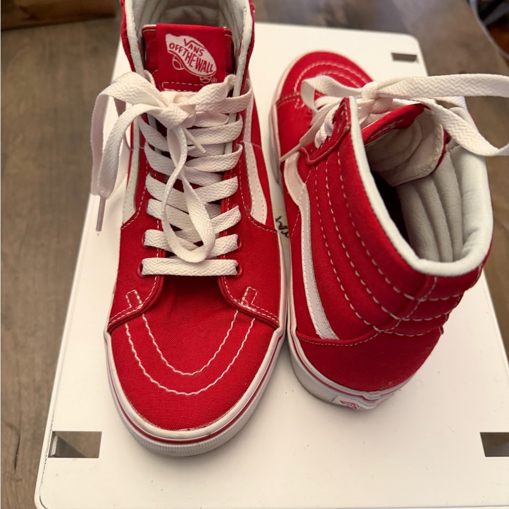 Vans Red and White Sk8-Hi Canvas High-Top Sneakers - Picture 2 of 6
